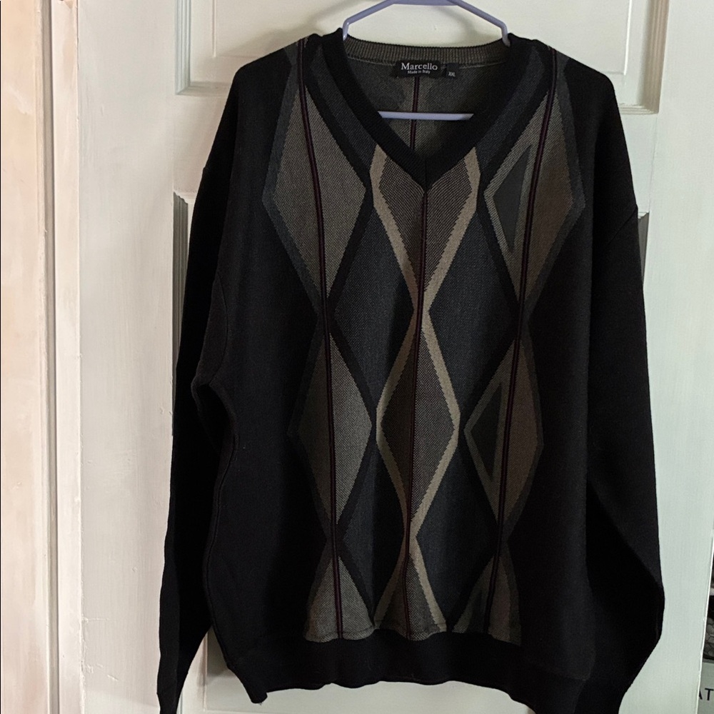 Marcello Men's V-Neck Sweater - Black and Gray Pattern. Made in Italy.